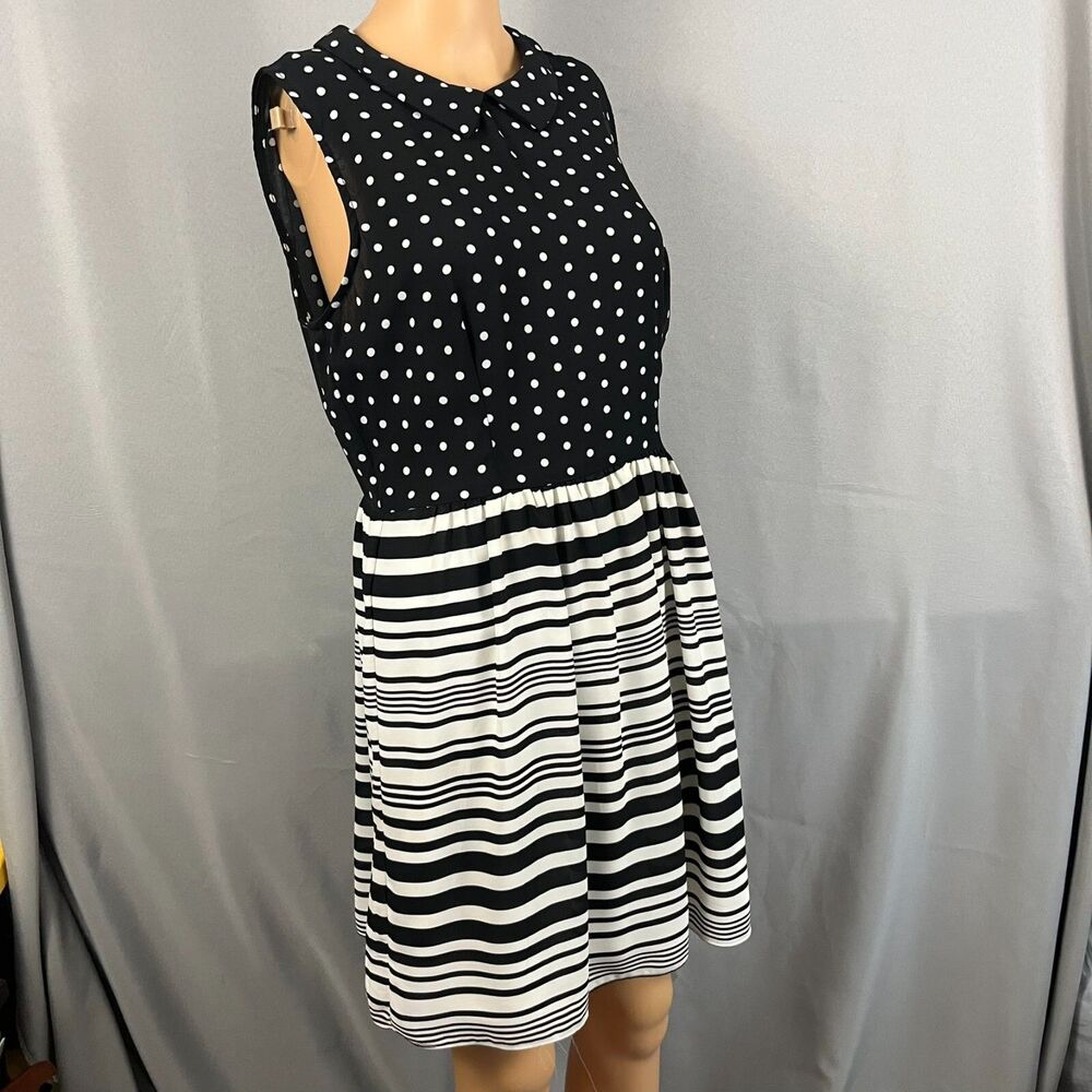 B.Darlin Black & White Polka Dot Striped Dress MED Collar Wednesday Adams Style‎